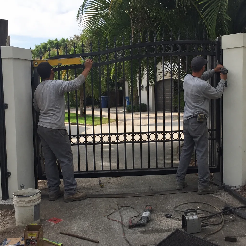 Two professional technicians performing expert metal gate installation