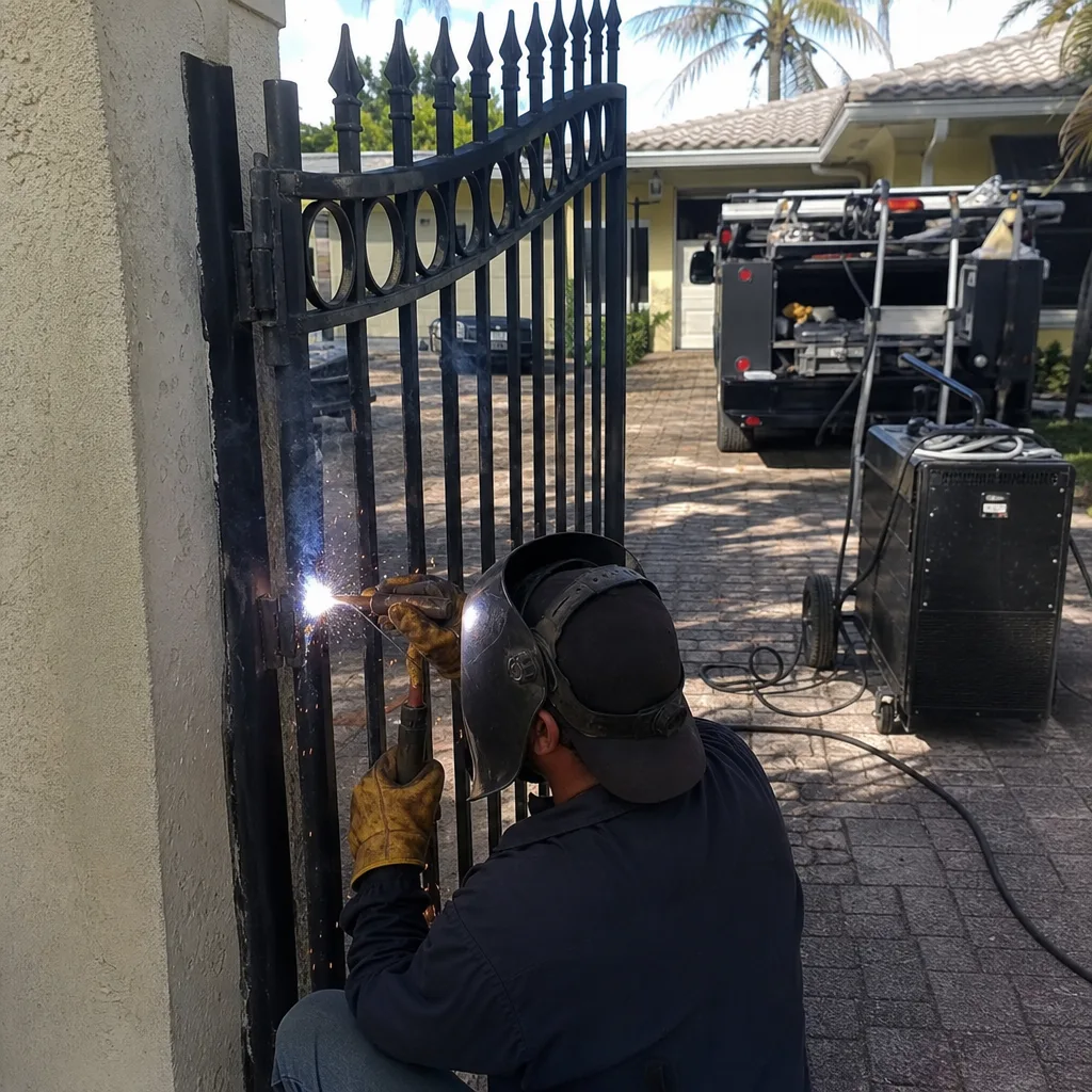 Professional welder performing a repair on a black iron gate.