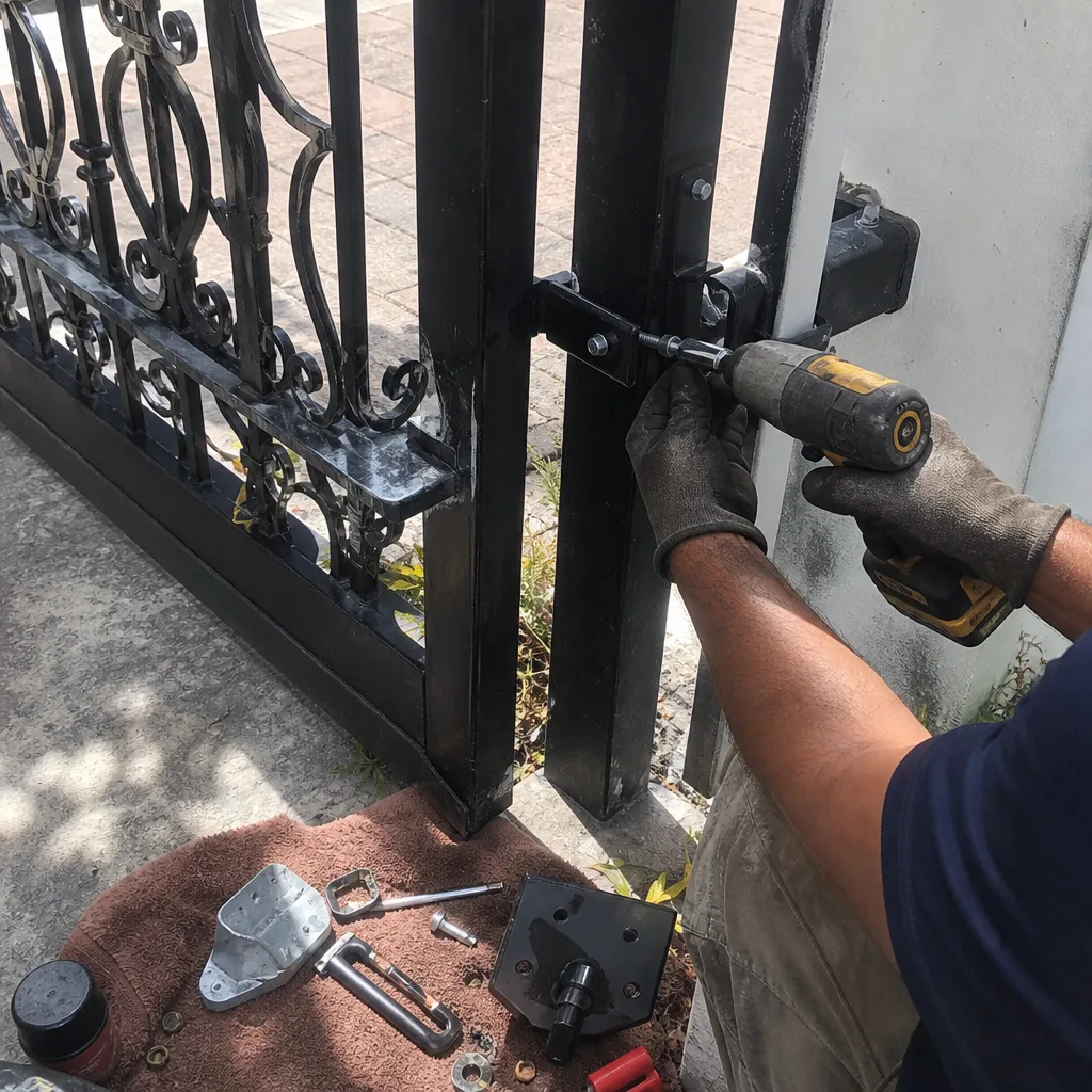 Professional technician repairing a residential metal gate with a power drill