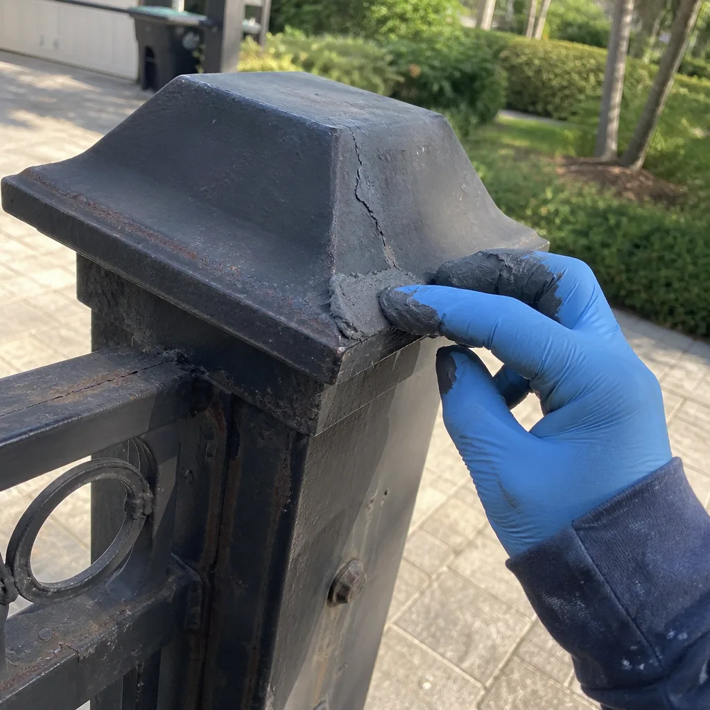 Professional repairing a crack on a black metal gate post